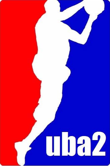 uba2 red and blue logo with white dunking basketball silhouette